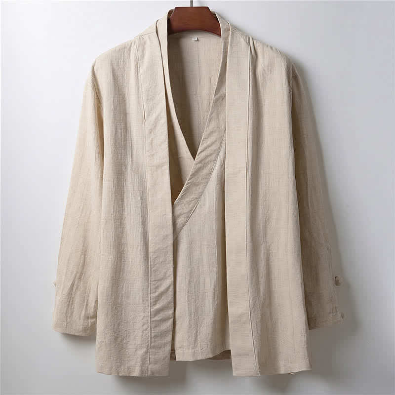 Buddha Stones Kimono homme en ramie unie, style minimaliste et décontracté, idéal pour le printemps. - Lin - US/UK/AU44，EU54 (4XL) - image 0