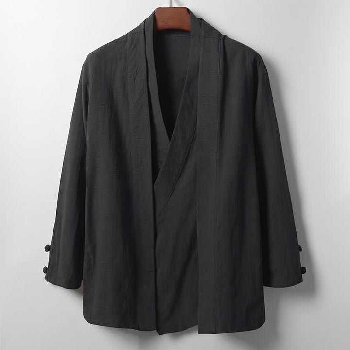 Buddha Stones Kimono homme en ramie unie, style minimaliste et décontracté, idéal pour le printemps. - Noir - US/UK/AU44，EU54 (4XL) - image 8