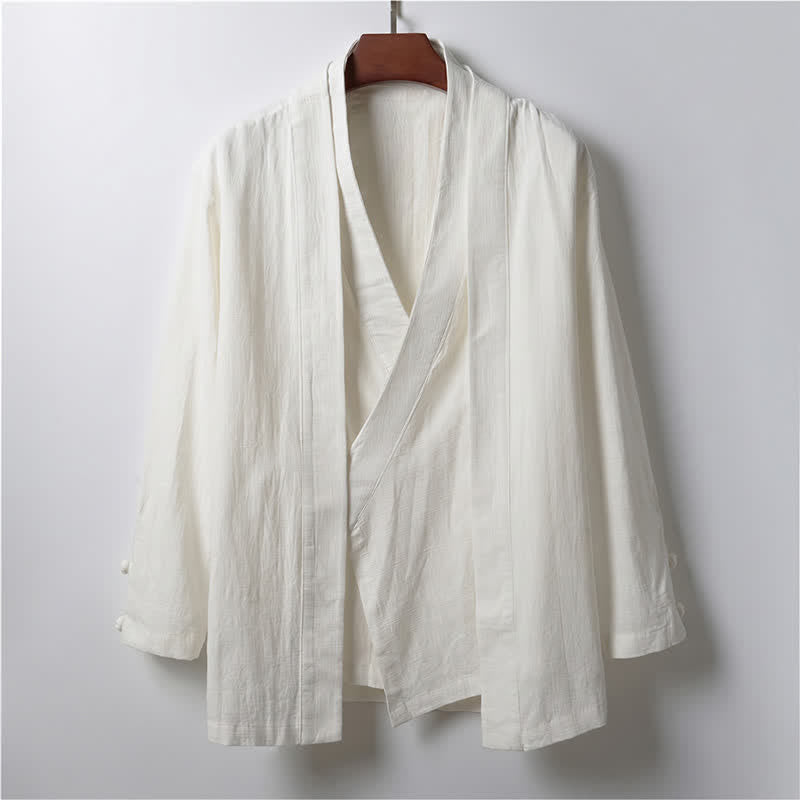 Buddha Stones Kimono homme en ramie unie, style minimaliste et décontracté, idéal pour le printemps. - Blanc - US/UK/AU44，EU54 (4XL) - image 12