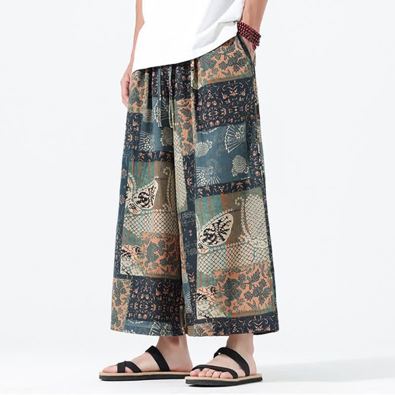 Buddha Stones Pantalon court bohème décontracté printemps-été à cordon de serrage et patchwork floral, jambes larges, poches pour homme - BurlyWood - US/UK/AU46，EU56 (5XL) - image 0