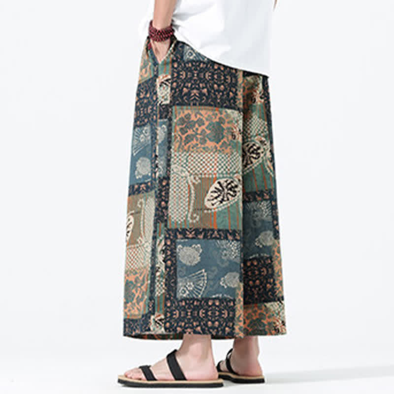 Buddha Stones Pantalon court bohème décontracté printemps-été à cordon de serrage et patchwork floral, jambes larges, poches pour homme - image 4