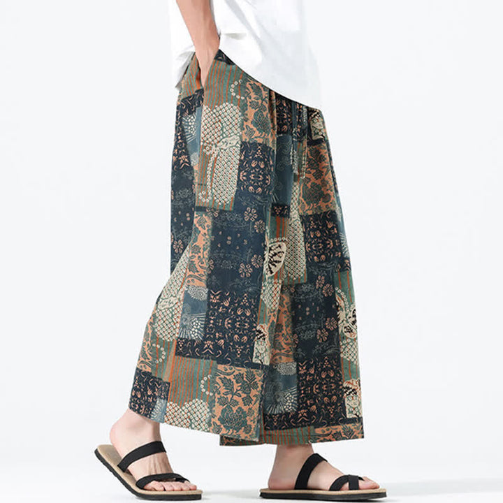 Buddha Stones Pantalon court bohème décontracté printemps-été à cordon de serrage et patchwork floral, jambes larges, poches pour homme - image 5