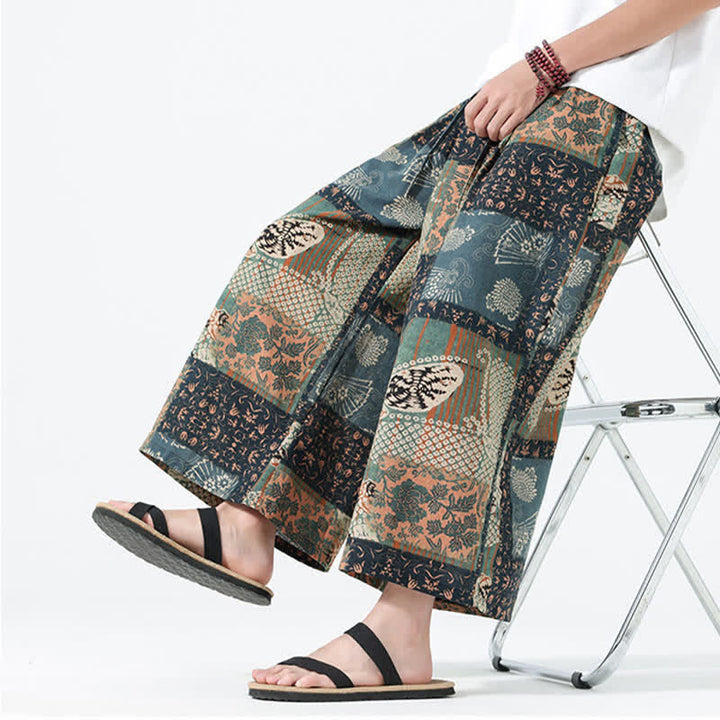 Buddha Stones Pantalon court bohème décontracté printemps-été à cordon de serrage et patchwork floral, jambes larges, poches pour homme - image 9