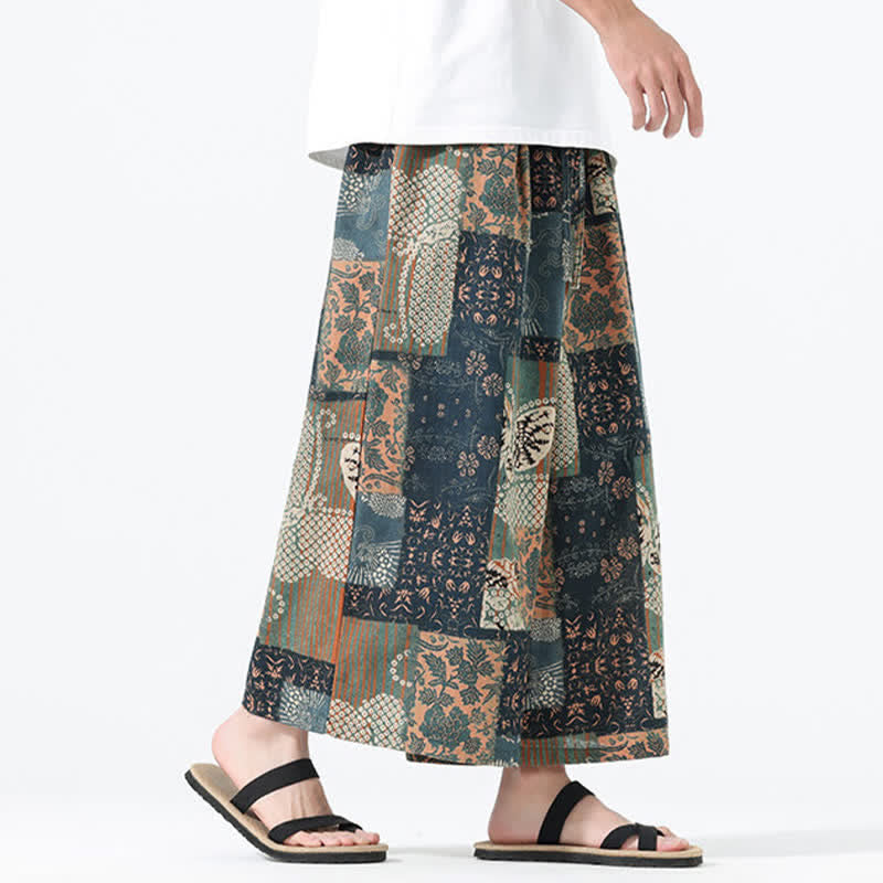 Buddha Stones Pantalon court bohème décontracté printemps-été à cordon de serrage et patchwork floral, jambes larges, poches pour homme - image 3
