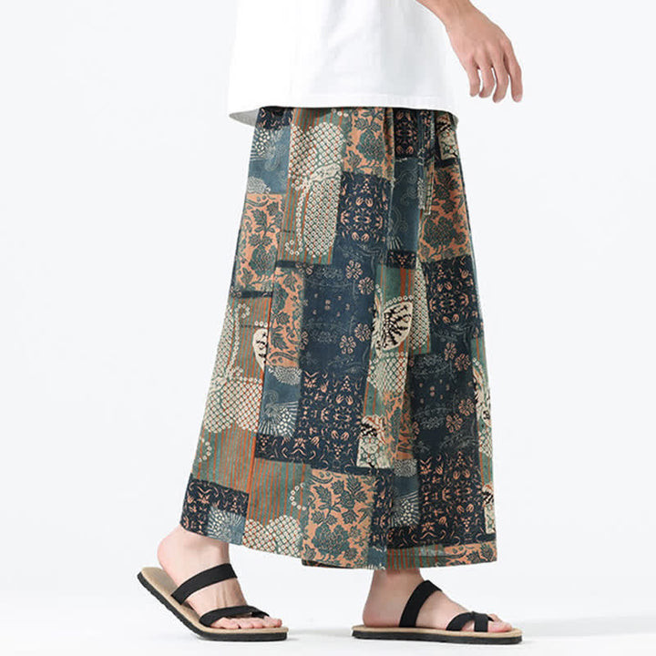 Buddha Stones Pantalon court bohème décontracté printemps-été à cordon de serrage et patchwork floral, jambes larges, poches pour homme - image 3