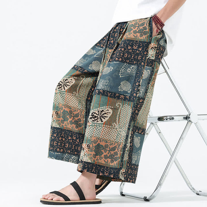 Buddha Stones Pantalon court bohème décontracté printemps-été à cordon de serrage et patchwork floral, jambes larges, poches pour homme - image 8