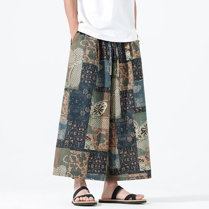 Buddha Stones Pantalon court bohème décontracté printemps-été à cordon de serrage et patchwork floral, jambes larges, poches pour homme - image 6