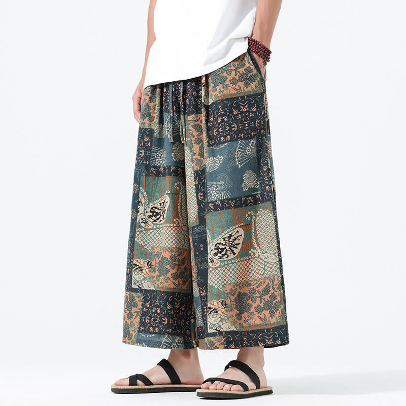 Buddha Stones Pantalon court bohème décontracté printemps-été à cordon de serrage et patchwork floral, jambes larges, poches pour homme - image 7