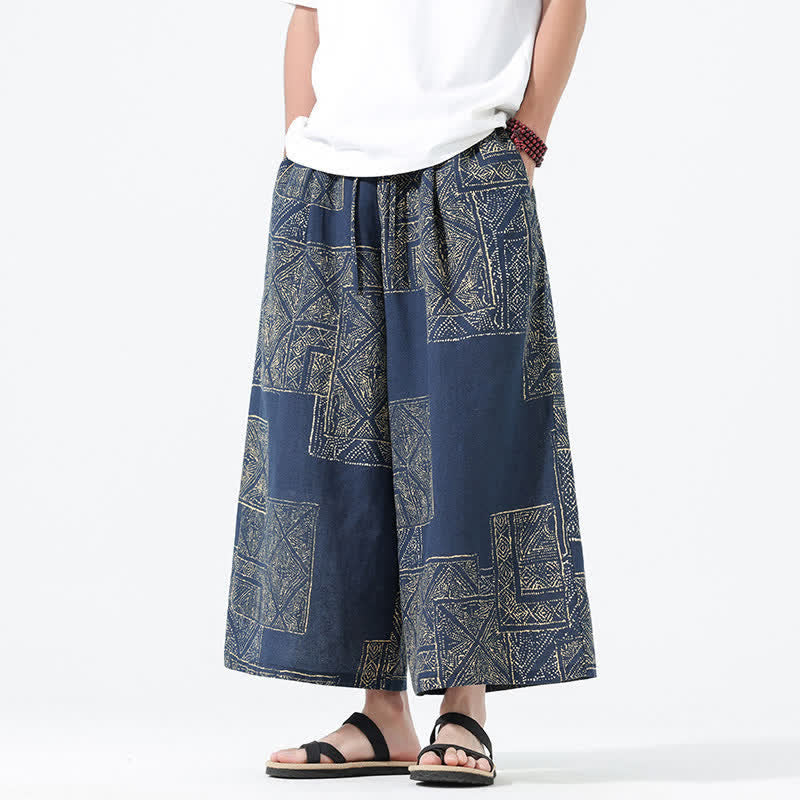 Buddha Stones Pantalon court bohème décontracté printemps-été à cordon de serrage et patchwork floral, jambes larges, poches pour homme - SteelBlue - US/UK/AU46，EU56 (5XL) - image 10
