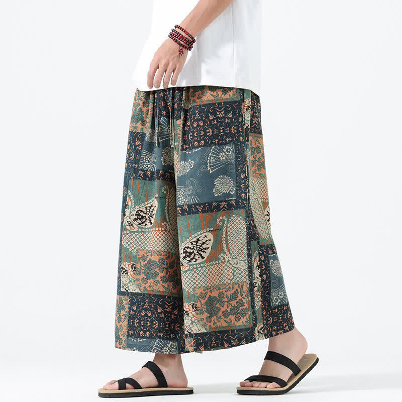 Buddha Stones Pantalon court bohème décontracté printemps-été à cordon de serrage et patchwork floral, jambes larges, poches pour homme - image 1