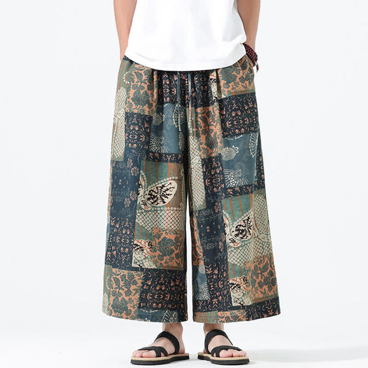 Buddha Stones Pantalon court bohème décontracté printemps-été à cordon de serrage et patchwork floral, jambes larges, poches pour homme - image 2