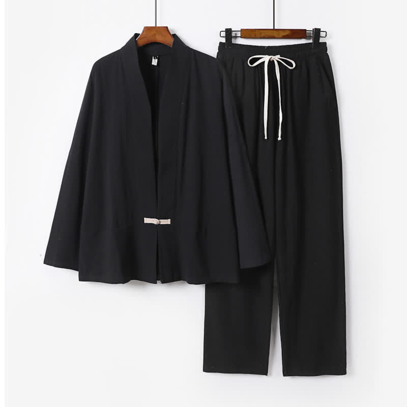Buddha Stones Ensemble kimono 2 pièces en ramie unie printanière, col en V, pantalon à cordon de serrage, vêtement de méditation pour homme avec poches - Noir - US/UK/AU54，EU64 (9XL) - image 3
