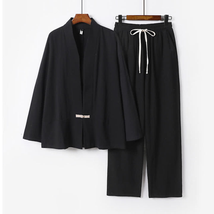 Buddha Stones Ensemble kimono 2 pièces en ramie unie printanière, col en V, pantalon à cordon de serrage, vêtement de méditation pour homme avec poches - Noir - US/UK/AU54，EU64 (9XL) - image 3