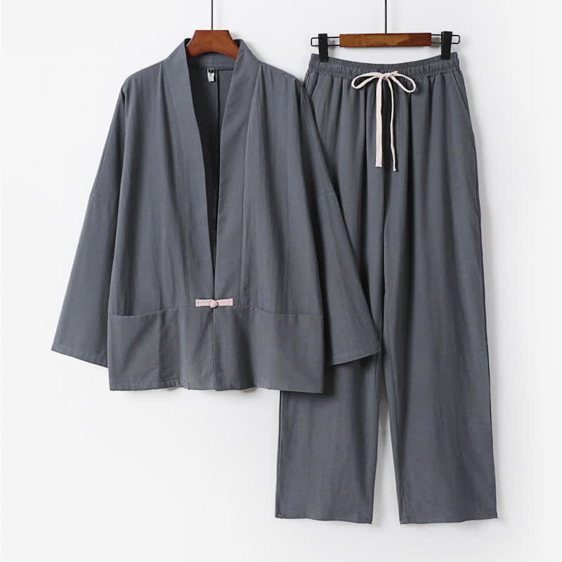 Buddha Stones Ensemble kimono 2 pièces en ramie unie printanière, col en V, pantalon à cordon de serrage, vêtement de méditation pour homme avec poches - Gris ardoise - US/UK/AU54，EU64 (9XL) - image 0