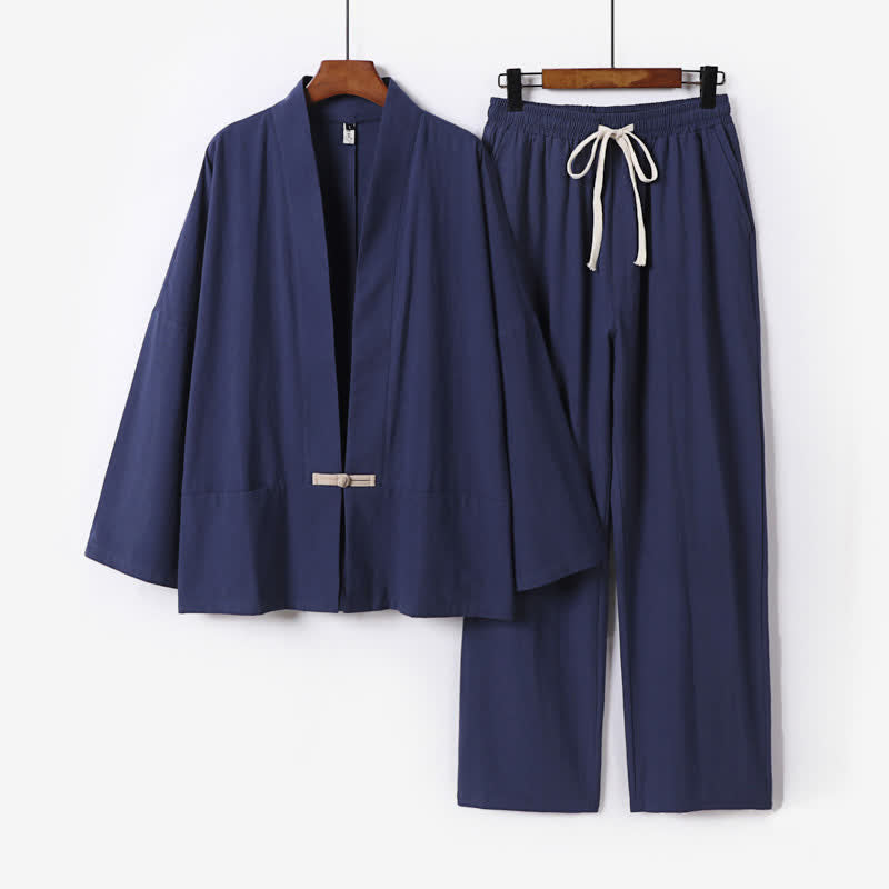 Buddha Stones Ensemble kimono 2 pièces en ramie unie printanière, col en V, pantalon à cordon de serrage, vêtement de méditation pour homme avec poches - Bleu nuit - US/UK/AU54，EU64 (9XL) - image 6