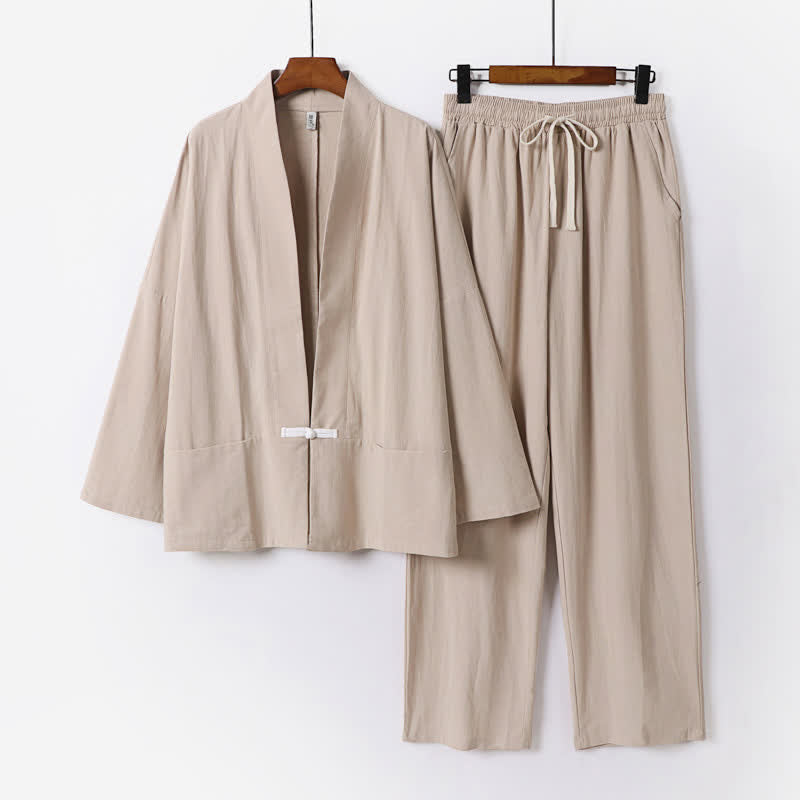 Buddha Stones Ensemble kimono 2 pièces en ramie unie printanière, col en V, pantalon à cordon de serrage, vêtement de méditation pour homme avec poches - BurlyWood - US/UK/AU54，EU64 (9XL) - image 9