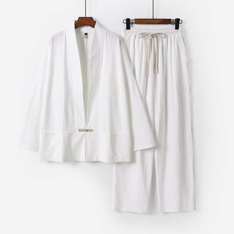 Buddha Stones Ensemble kimono 2 pièces en ramie unie printanière, col en V, pantalon à cordon de serrage, vêtement de méditation pour homme avec poches - Blanc - US/UK/AU54，EU64 (9XL) - image 10