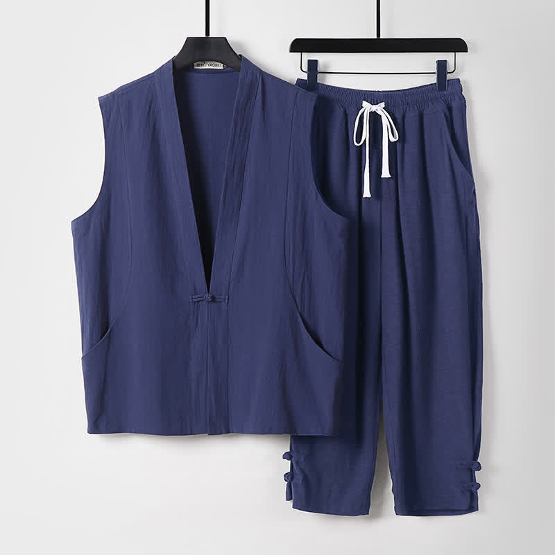 Buddha Stones Ensemble 2 pièces style Tang, chemise sans manches et pantalon en lin uni à col en V, style méditation, avec poches et boutons grenouille. - Bleu nuit - US/UK/AU54，EU64 (9XL) - image 0