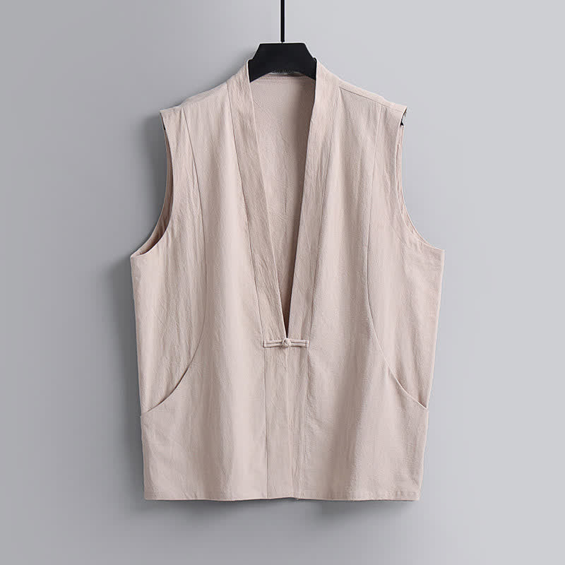 Buddha Stones Ensemble 2 pièces style Tang, chemise sans manches et pantalon en lin uni à col en V, style méditation, avec poches et boutons grenouille. - image 19