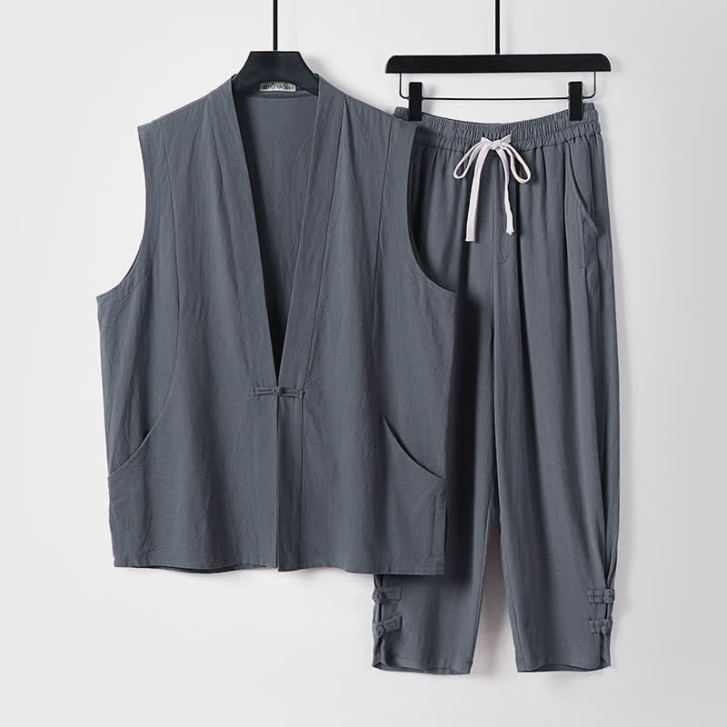 Buddha Stones Ensemble 2 pièces style Tang, chemise sans manches et pantalon en lin uni à col en V, style méditation, avec poches et boutons grenouille. - Gris ardoise - US/UK/AU54，EU64 (9XL) - image 2