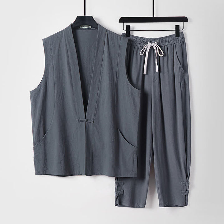 Buddha Stones Ensemble 2 pièces style Tang, chemise sans manches et pantalon en lin uni à col en V, style méditation, avec poches et boutons grenouille. - Gris ardoise - US/UK/AU54，EU64 (9XL) - image 2