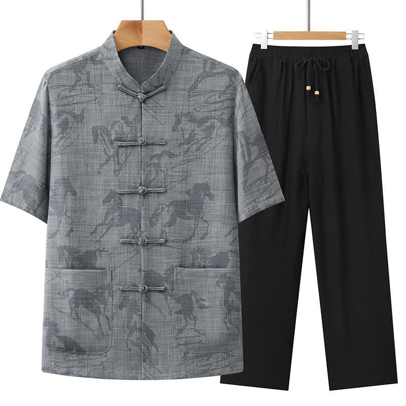 Buddha Stones Ensemble 2 pièces pour homme, style Tang, décontracté, col mandarin à boutons grenouille, imprimé cheval, manches courtes, pantalon, tenue de méditation avec poches - Gris foncé - US/UK/AU42，EU52 (3XL) - image 4