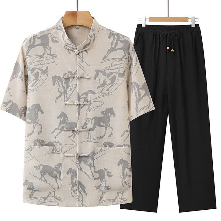 Buddha Stones Ensemble 2 pièces pour homme, style Tang, décontracté, col mandarin à boutons grenouille, imprimé cheval, manches courtes, pantalon, tenue de méditation avec poches - Beige - US/UK/AU42，EU52 (3XL) - image 0