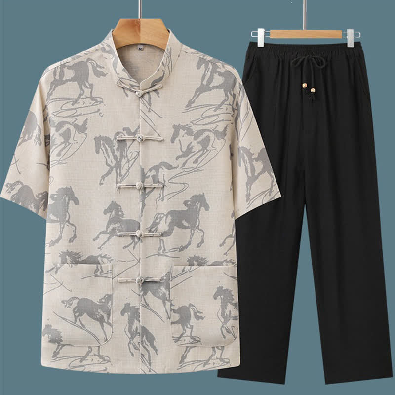 Buddha Stones Ensemble 2 pièces pour homme, style Tang, décontracté, col mandarin à boutons grenouille, imprimé cheval, manches courtes, pantalon, tenue de méditation avec poches - image 1