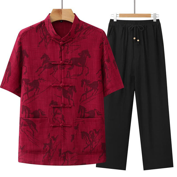 Buddha Stones Ensemble 2 pièces pour homme, style Tang, décontracté, col mandarin à boutons grenouille, imprimé cheval, manches courtes, pantalon, tenue de méditation avec poches - Cramoisi - US/UK/AU42，EU52 (3XL) - image 13