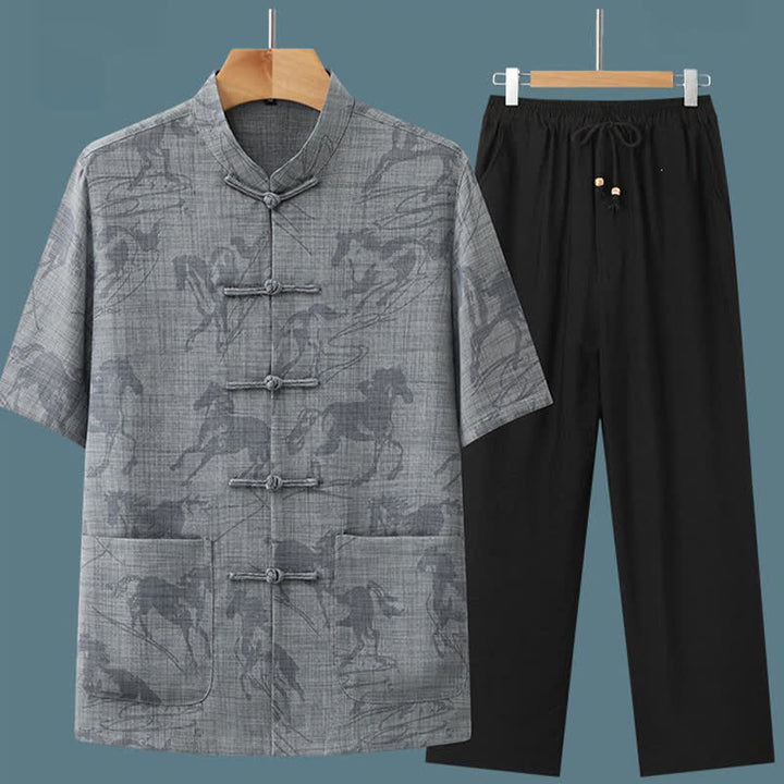 Buddha Stones Ensemble 2 pièces pour homme, style Tang, décontracté, col mandarin à boutons grenouille, imprimé cheval, manches courtes, pantalon, tenue de méditation avec poches - image 5
