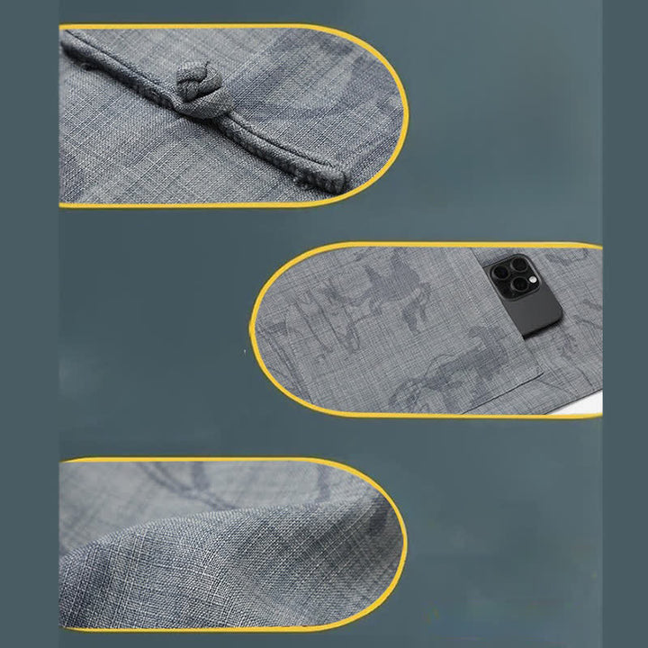 Buddha Stones Ensemble 2 pièces pour homme, style Tang, décontracté, col mandarin à boutons grenouille, imprimé cheval, manches courtes, pantalon, tenue de méditation avec poches - image 12