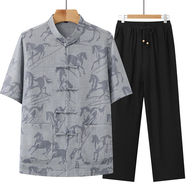 Buddha Stones Ensemble 2 pièces pour homme, style Tang, décontracté, col mandarin à boutons grenouille, imprimé cheval, manches courtes, pantalon, tenue de méditation avec poches - Gris clair - US/UK/AU42，EU52 (3XL) - image 2