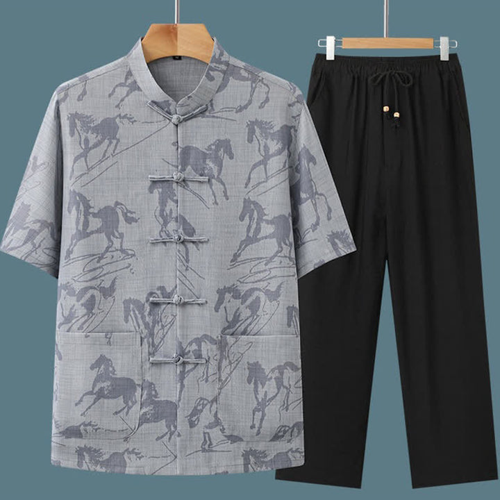 Buddha Stones Ensemble 2 pièces pour homme, style Tang, décontracté, col mandarin à boutons grenouille, imprimé cheval, manches courtes, pantalon, tenue de méditation avec poches - image 3