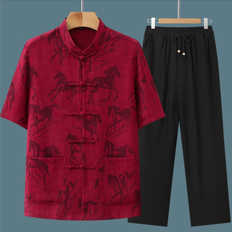 Buddha Stones Ensemble 2 pièces pour homme, style Tang, décontracté, col mandarin à boutons grenouille, imprimé cheval, manches courtes, pantalon, tenue de méditation avec poches - image 14