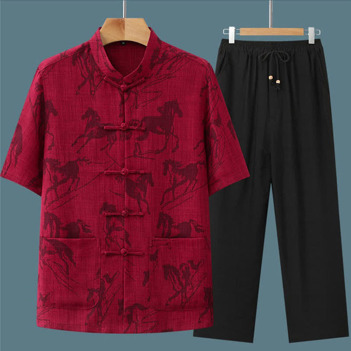 Buddha Stones Ensemble 2 pièces pour homme, style Tang, décontracté, col mandarin à boutons grenouille, imprimé cheval, manches courtes, pantalon, tenue de méditation avec poches - image 14