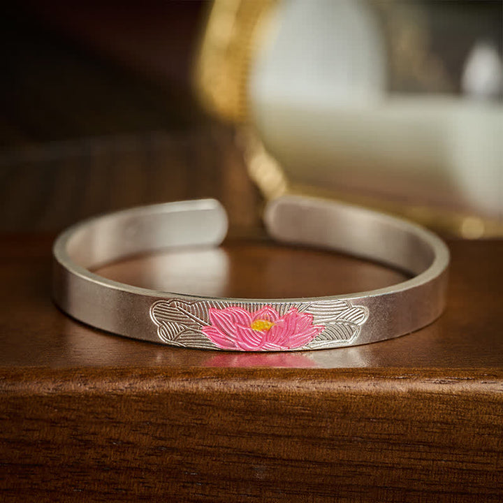 Buddha Stones Bracelet d'illumination à manchette ouverte en cuivre et émail lotus - image 1