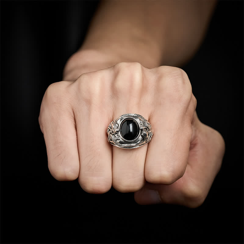 Buddha Stones Anneau ouvert de purification du dragon en obsidienne noire - image 3