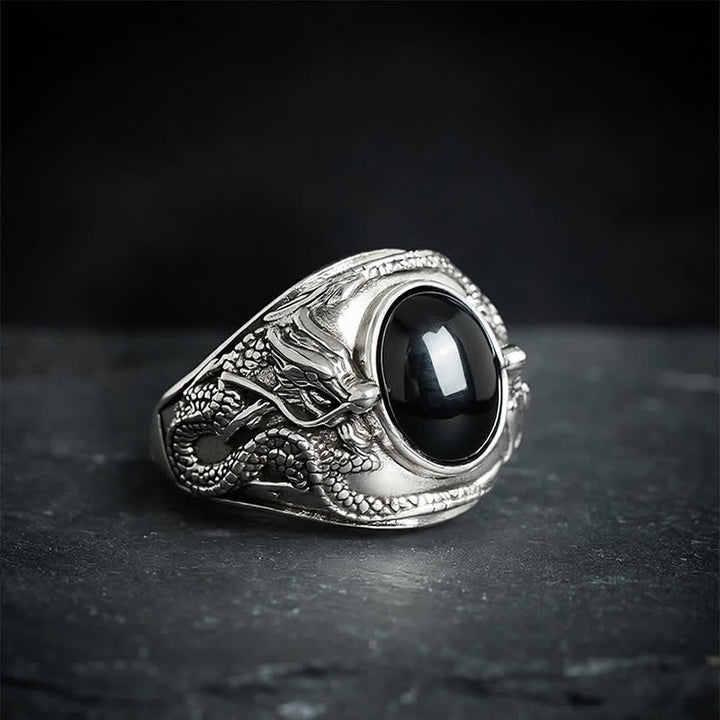 Buddha Stones Anneau ouvert de purification du dragon en obsidienne noire - Dragon (Force ♥ Puissance) - image 0