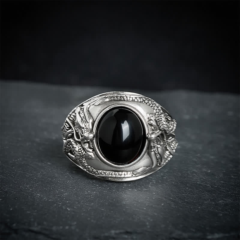 Buddha Stones Anneau ouvert de purification du dragon en obsidienne noire - image 2