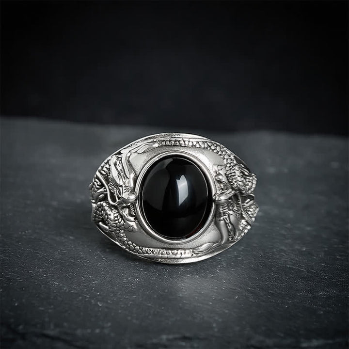 Buddha Stones Anneau ouvert de purification du dragon en obsidienne noire - image 2