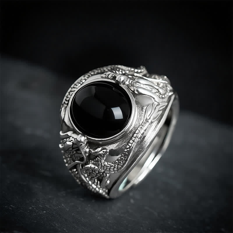 Buddha Stones Anneau ouvert de purification du dragon en obsidienne noire - image 1