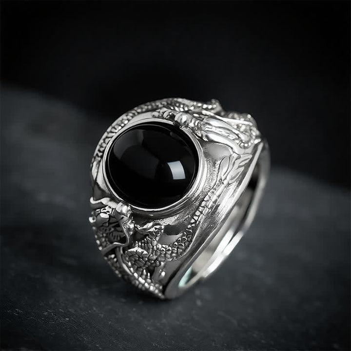 Buddha Stones Anneau ouvert de purification du dragon en obsidienne noire - image 1