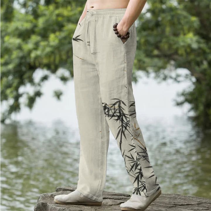 Buddha Stones Pantalon fuselé pour homme en coton imprimé bambou avec poches - image 1