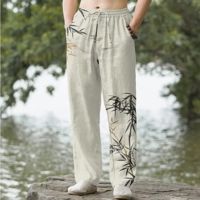 Buddha Stones Pantalon fuselé pour homme en coton imprimé bambou avec poches - Lin - US/UK/AU50，EU60 (5XL) - image 0