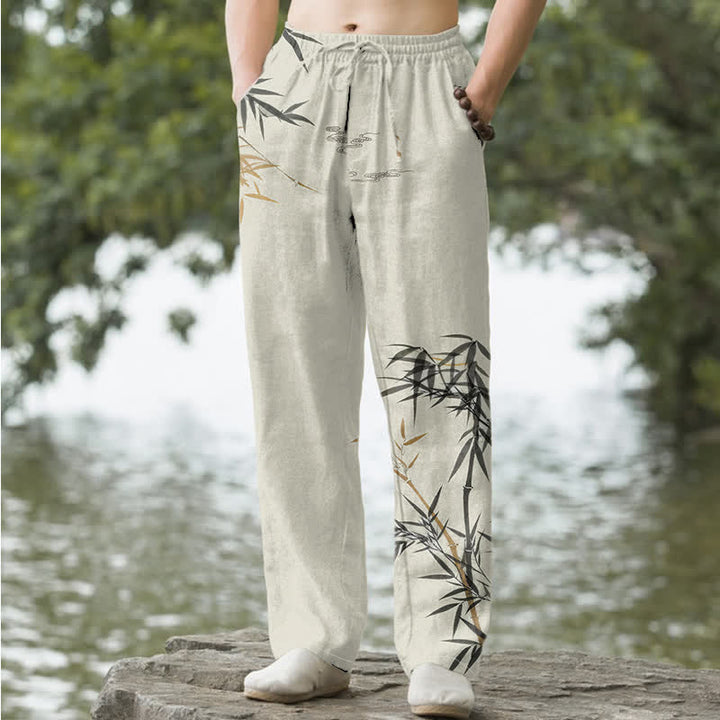 Buddha Stones Pantalon fuselé pour homme en coton imprimé bambou avec poches - Lin - US/UK/AU50，EU60 (5XL) - image 0