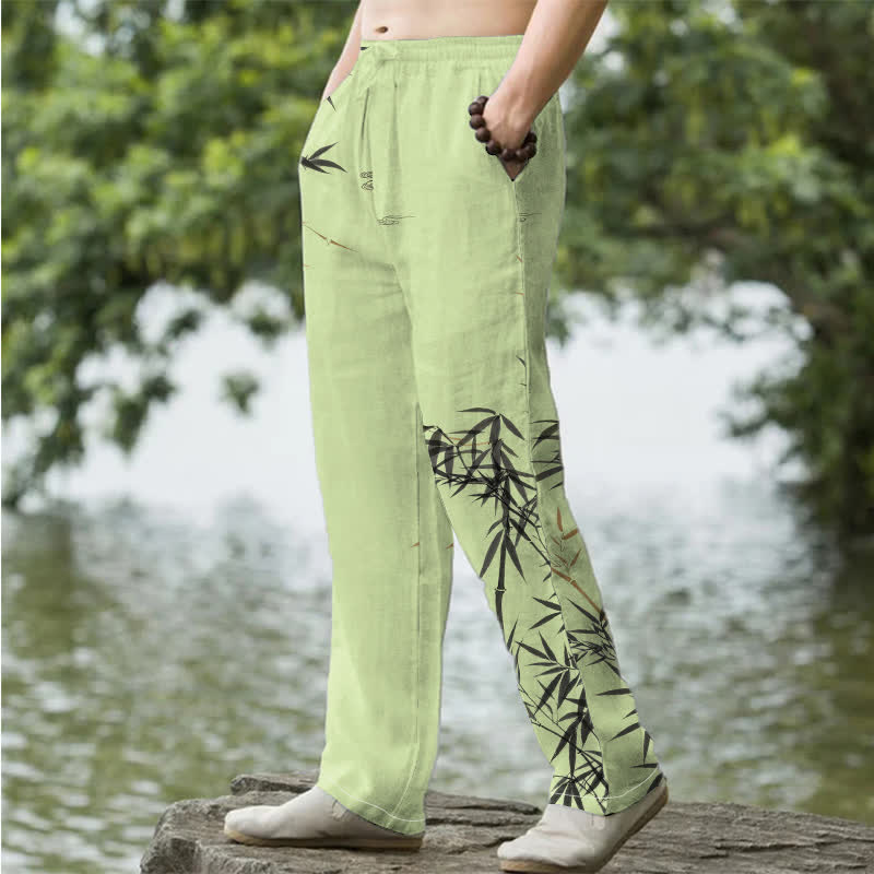 Buddha Stones Pantalon fuselé pour homme en coton imprimé bambou avec poches - image 5