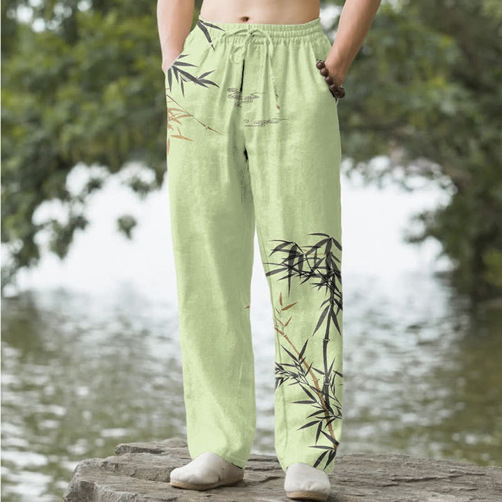 Buddha Stones Pantalon fuselé pour homme en coton imprimé bambou avec poches - Vert clair - US/UK/AU50，EU60 (5XL) - image 4