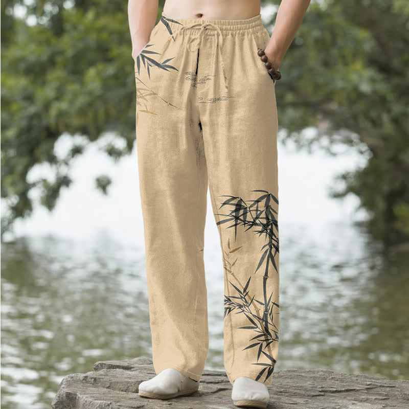 Buddha Stones Pantalon fuselé pour homme en coton imprimé bambou avec poches - Tanné - US/UK/AU50，EU60 (5XL) - image 6