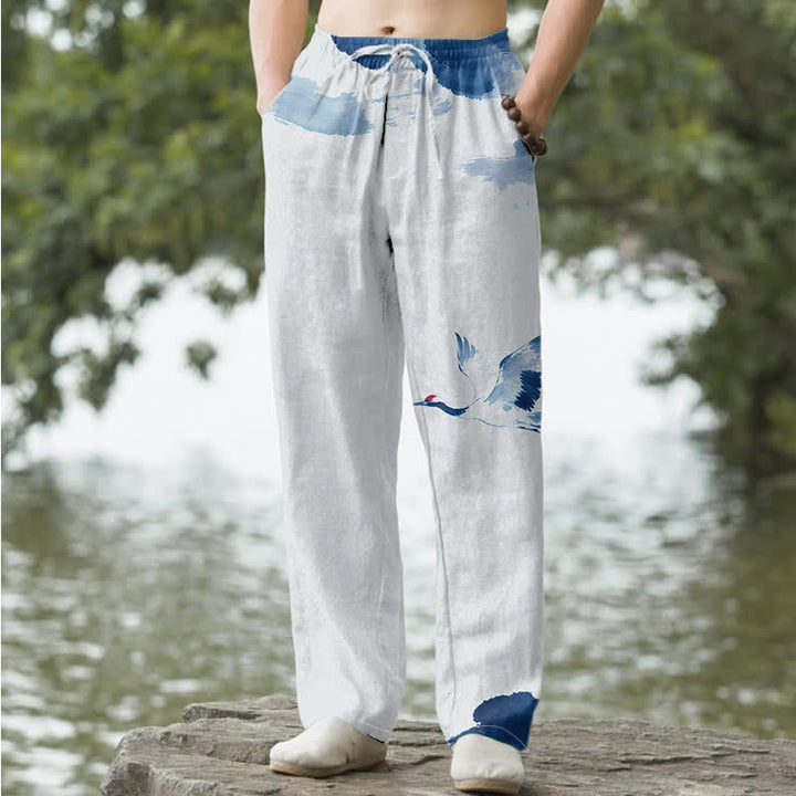 Buddha Stones Pantalon fuselé pour homme en coton à motif de grues à couronne rouge, avec poches - Bleu clair - US/UK/AU50，EU60 (5XL) - image 0