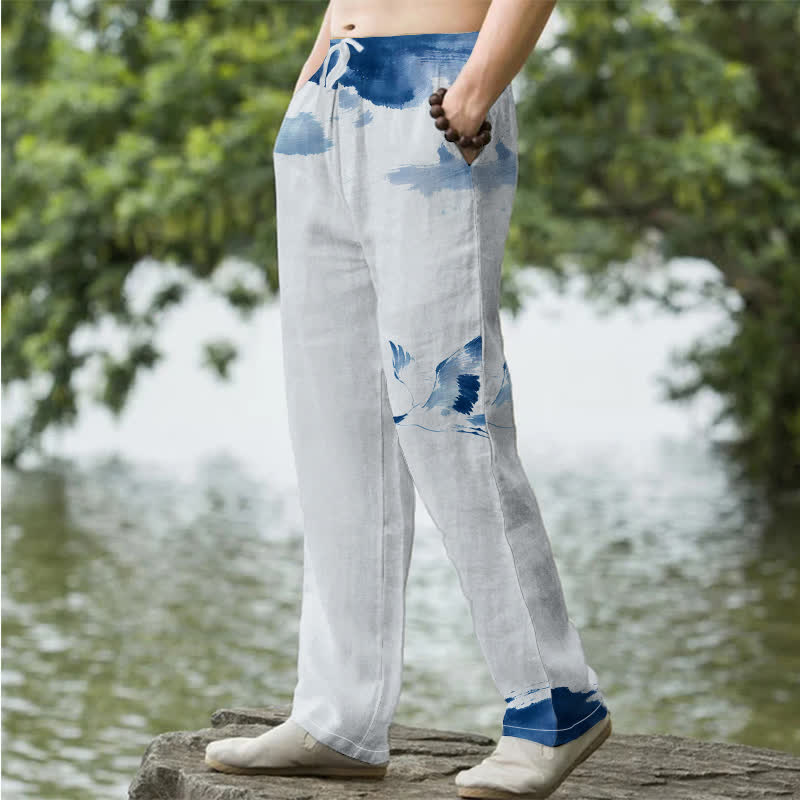 Buddha Stones Pantalon fuselé pour homme en coton à motif de grues à couronne rouge, avec poches - image 1